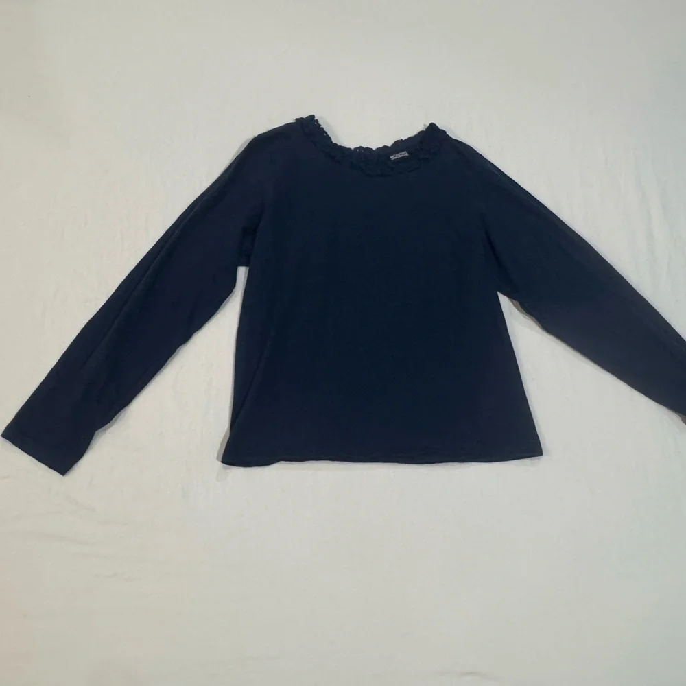 Girls‎ Navy Long Sleeve Blouse Lace Neck Cotton Shirt Size XL 12 14